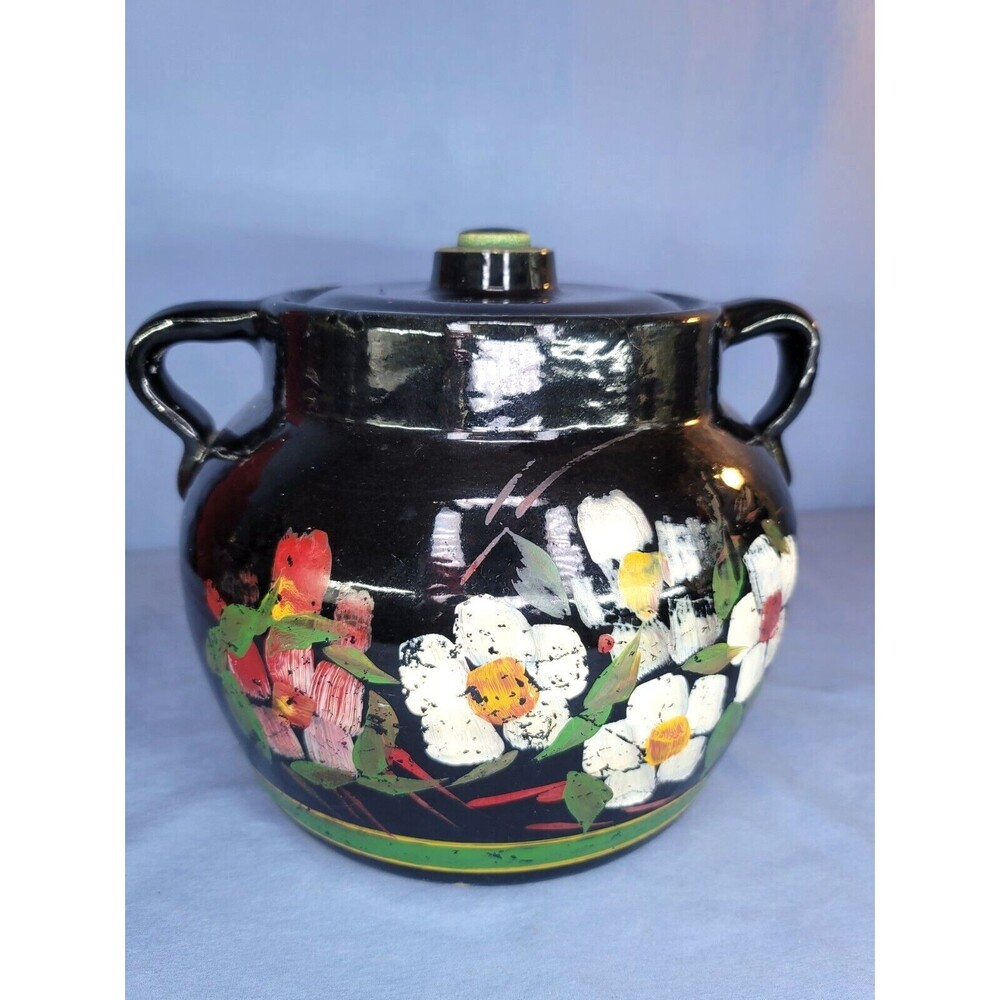 Farmhouse Cookie Jar Black Pot Hand Painted w/Lid Vintage Handles